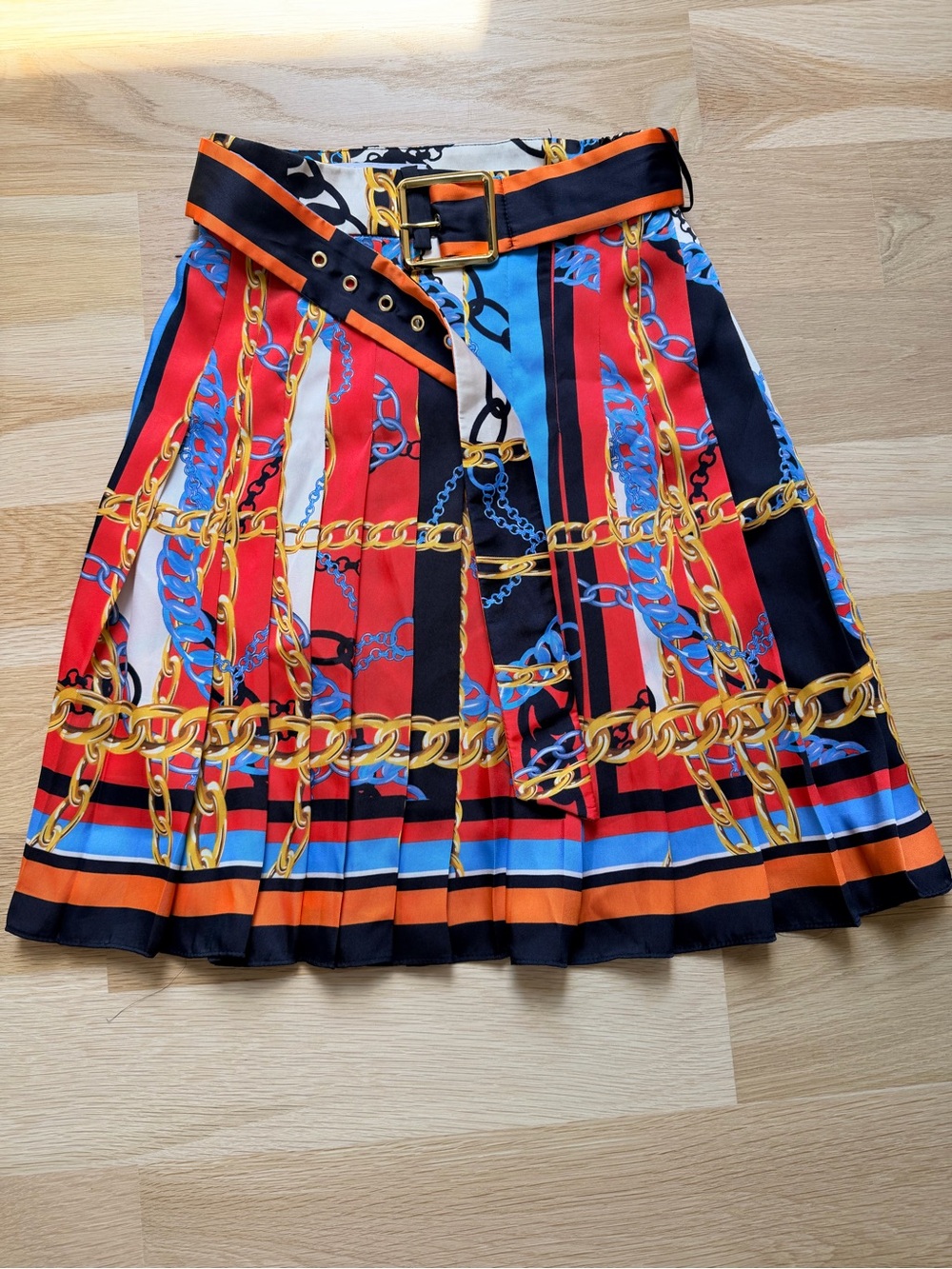 Zara Multicolor Pleated Chain-Print Skirt with Belt size XS